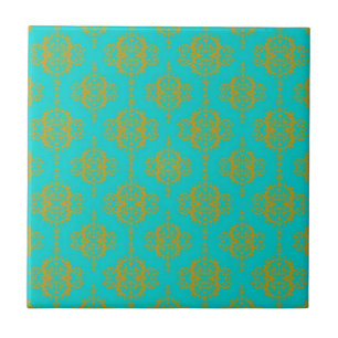 Azulejo De Cerâmica Padrão de Damasco Fofo Dourado sobre Turquesa