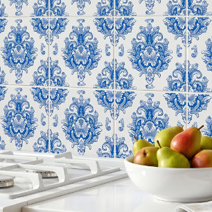 Azulejo De Cerâmica Padrão de damasco mediterrâneo azul branco elegant