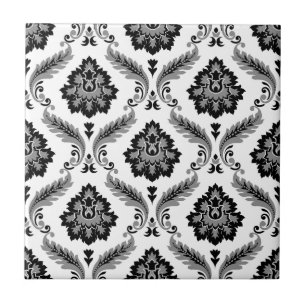 Azulejo De Cerâmica Padrão de Damasco Rococó Cinza Preto Branco