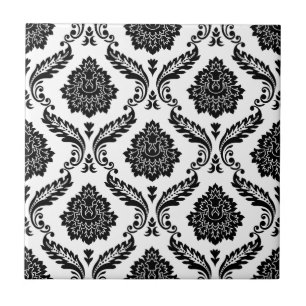 Azulejo De Cerâmica Padrão de Damasco Rococó Preto no Branco