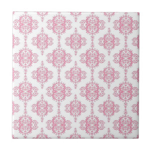 Azulejo De Cerâmica Padrão de Damasco Rosa e Branco
