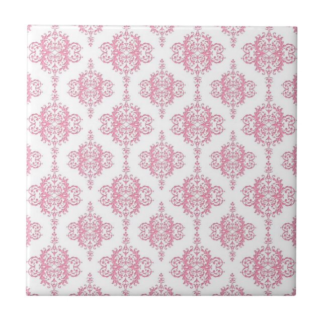 Azulejo De Cerâmica Padrão de Damasco Rosa e Branco (Frente)