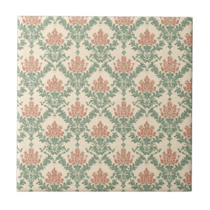 Azulejo De Cerâmica Padrão de Damasco Vermelho Verde Vintage (1)