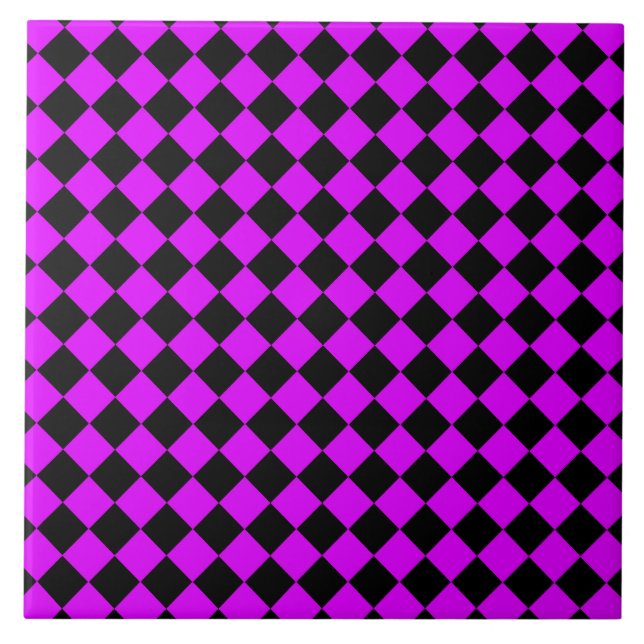 Azulejo De Cerâmica Padrão de Diamante do Verificador Preto Roxo (Frente)