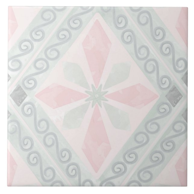 Azulejo De Cerâmica Padrão de diamante pastel verde e rosa (Frente)