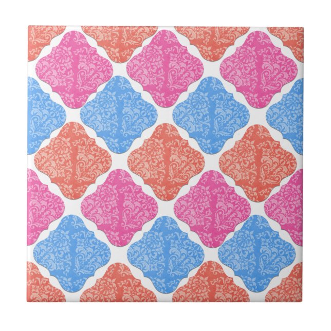 Azulejo De Cerâmica Padrão de Diamantes de Patchwork Ornamentado (Frente)