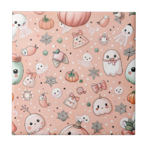 Azulejo De Cerâmica Padrão de Doodle do Halloween com Fantasmas e Pump