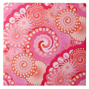 Azulejo De Cerâmica Padrão de espiral fractal, rosa, fúcsia, coral