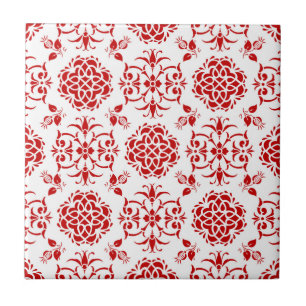Azulejo De Cerâmica Padrão de estilo damasco floral vermelho e branco