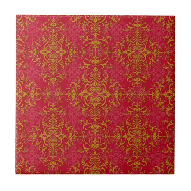 Azulejo De Cerâmica Padrão de estilo damasco sofisticado rosa profundo (Frente)