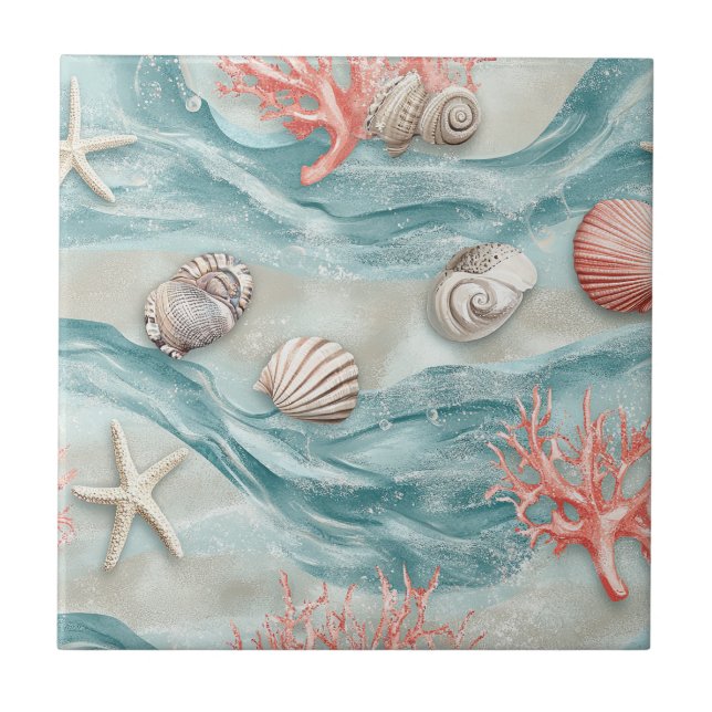Azulejo De Cerâmica Padrão de Estrela-do-Mar Aquática e Concha (Frente)