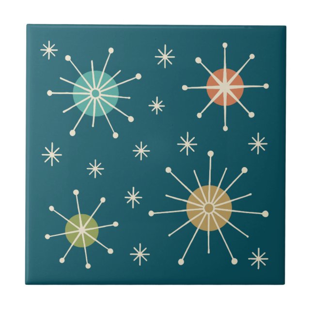 Azulejo De Cerâmica Padrão de Estrela Explosiva Atômica do Meio do Séc (Frente)