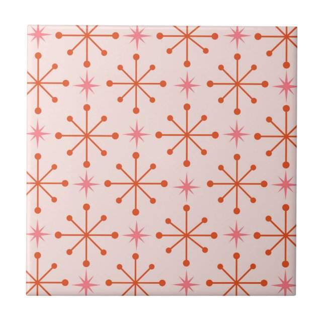 Azulejo De Cerâmica Padrão de Estrelas Explosivas Atômicas Rosa Laranj (Frente)