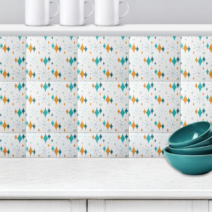 Azulejo De Cerâmica Padrão de Estrelas Retro Starburst Laranja Turques
