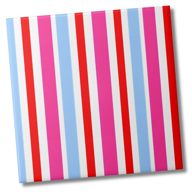 Azulejo De Cerâmica Padrão de Faixa Brilhante Moderna Brilhante (Cute Minimal Modern Pattern Blue Pink Red Stripe Ceramic Tile)