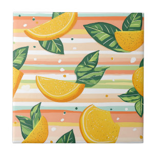 Azulejo De Cerâmica Padrão de Fatia Laranja com Folhas Verdes no Paste