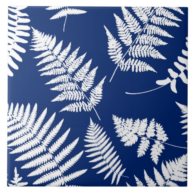 Azulejo De Cerâmica Padrão de Fern de Woodland, Azul de Cobalto e Bran (Frente)