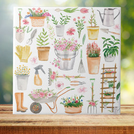 Azulejo De Cerâmica Padrão de Ferramentas de Jardinagem Floral em Aqua