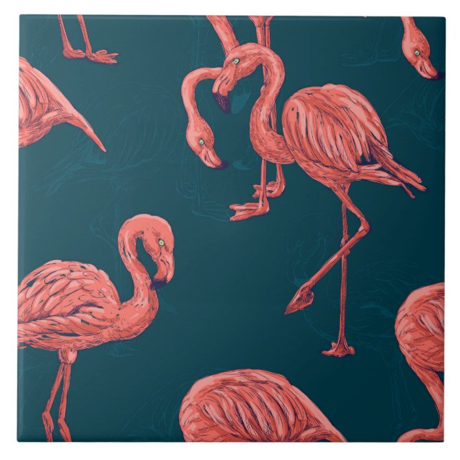 Azulejo De Cerâmica Padrão de flamingo coral vivo (Frente)