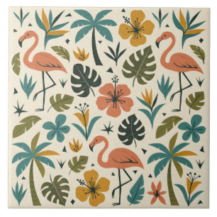 Azulejo De Cerâmica Padrão de Flamingo Tropical e Palmeira