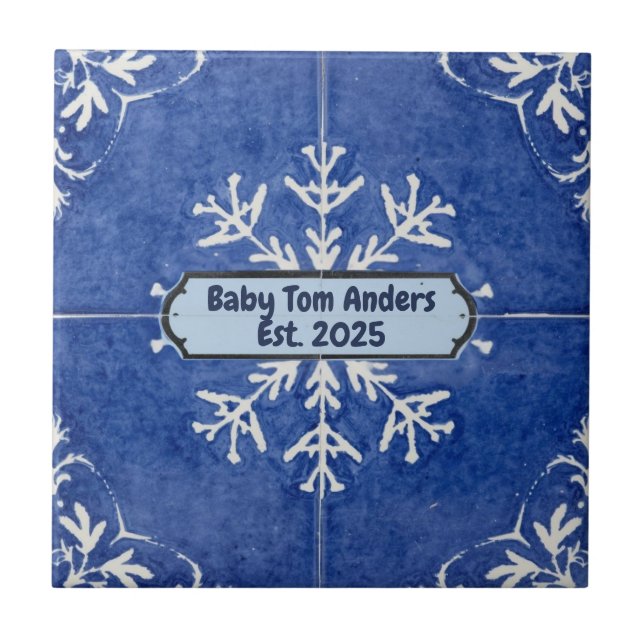 Azulejo De Cerâmica Padrão de floco de neve azul e branco com nome per (Frente)