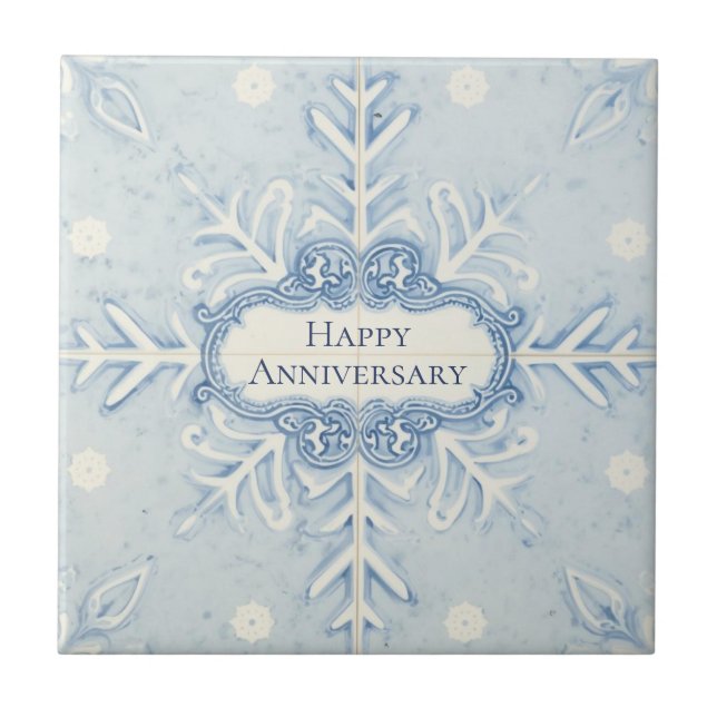 Azulejo De Cerâmica Padrão de floco de neve azul e branco com nome per (Frente)