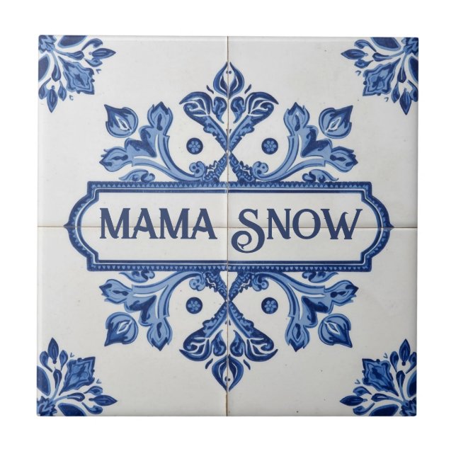 Azulejo De Cerâmica Padrão de floco de neve azul e branco com nome per (Frente)
