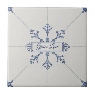 Azulejo De Cerâmica Padrão de floco de neve azul e branco com nome per