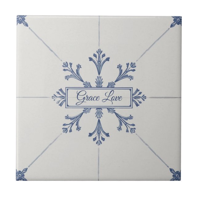 Azulejo De Cerâmica Padrão de floco de neve azul e branco com nome per (Frente)
