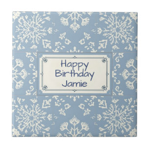 Azulejo De Cerâmica Padrão de floco de neve azul e branco com nome per