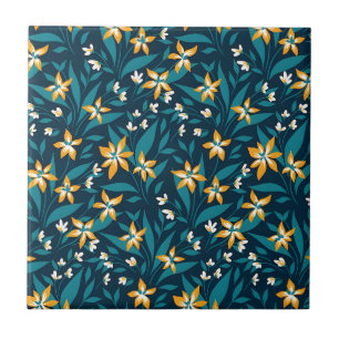 Azulejo De Cerâmica Padrão de Flor Amarela Elegante em Folhas Verdes E