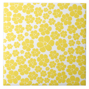 Azulejo De Cerâmica Padrão de Flor - Amarelo-Limão e Branco