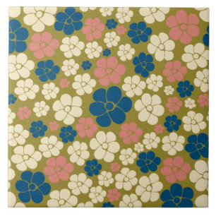 Azulejo De Cerâmica Padrão de Flor - Azul, Verde Oleícola, Rosa e Crem