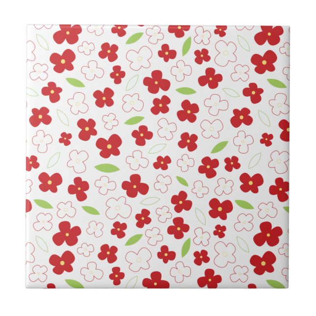 Azulejo De Cerâmica Padrão de Flor Branco e Vermelho (Frente)