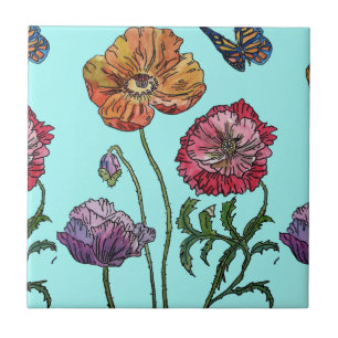 Azulejo De Cerâmica Padrão de Flor de Aquarela Laranja Vermelho Roxo P