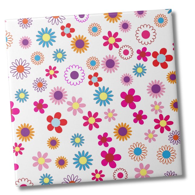Azulejo De Cerâmica Padrão de Flor de Daisy Cute (Cute Retro Groovy Daisy Flower Pattern ceramic tile)