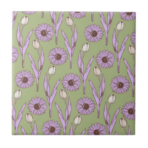 Azulejo De Cerâmica Padrão de Flor de Hippie Funky Y2K Retro Roxo Verd