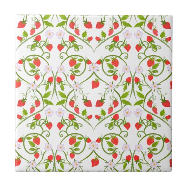Azulejo De Cerâmica Padrão de Flor de Morango em Aquarela (Frente)