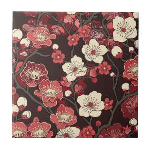 Azulejo De Cerâmica Padrão de Flor de Sakura Burgundy Escuro Coral