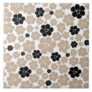 Azulejo De Cerâmica Padrão de Flor de Trendy em Taupe, Preto e Branco