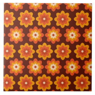 Azulejo De Cerâmica Padrão de flor laranja boho hippie retrô dos anos 