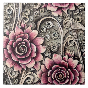 Azulejo De Cerâmica Padrão de Flor Rosa Gótico Grande Vintage