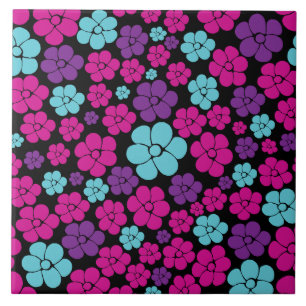 Azulejo De Cerâmica Padrão de Flor - Rosa, Roxo, Azul e Preto