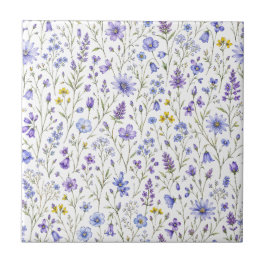 Azulejo De Cerâmica Padrão de Flor Silvestre Aquarela Amarela Roxa Azu