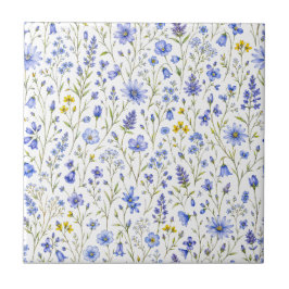 Azulejo De Cerâmica Padrão de Flor Silvestre Aquarela Azul Amarelo Ver