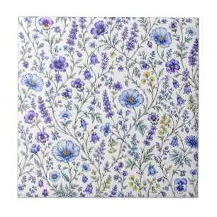 Azulejo De Cerâmica Padrão de Flor Silvestre Aquarela Roxo Azul