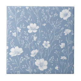 Azulejo De Cerâmica Padrão de Flor Silvestre Azul e Branco Atenuado