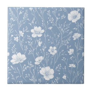Azulejo De Cerâmica Padrão de Flor Silvestre Azul e Branco Atenuado