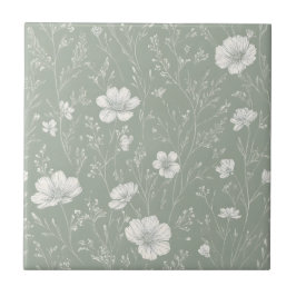 Azulejo De Cerâmica Padrão de Flor Silvestre Branco e Verde Salvia Sua
