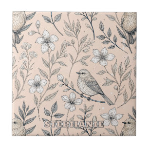 Azulejo De Cerâmica Padrão de Flor Silvestre Cantora em Pêssego Vintag